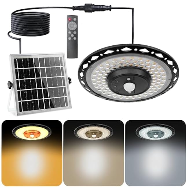 Solar Pendant UFO Light 3000LM, Gazebo Indoor Outdoor Motion Sensor Dimmable Brightness Remote Control Waterproof for Patio Porch Garage Lights