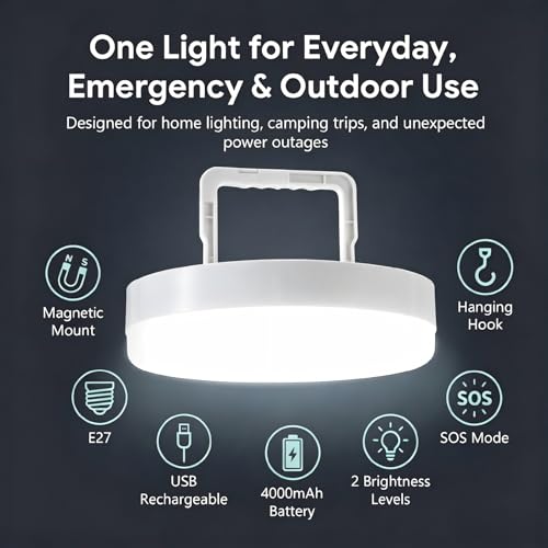 NCBNCB E27 UFO LED Camping Light Bulb,5000LM 30W 195W Equiv 7Inch 8500K White Light,4000mAh USB Rechargeable Tent Lantern Magnet Hook SOS,Portable Emergency Light Camping Garage Power Outage Household - image 2