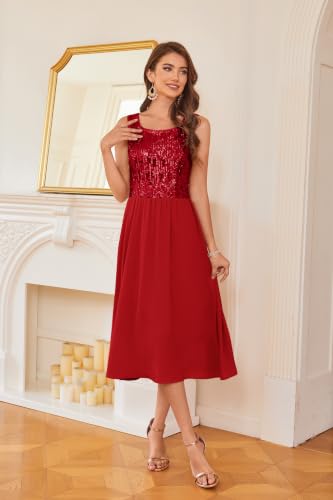 Image of GRACE KARIN Formal Wedding Guest Dress Sequin Mother of The Bride Dresses | Two Piece,3 /4 Sleeve,Tea Length,Crew Neck,Fit and Flare,Chiffon,Suitable for Spring /Summer /Fall /Winter /Cocktail /Party /Prom