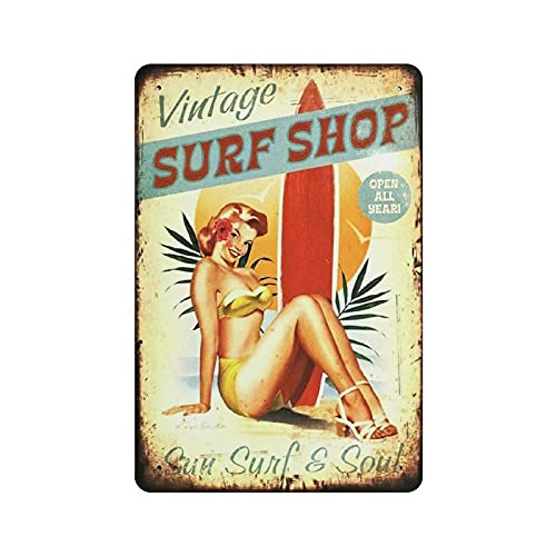 PPFINE Metall-Blechschild, Surf Shop, Pin Up Girl, Vintage-Blechschild, Wanddekoration, Landhaus, Küche, Zuhause, Garage, Dekoration, 30,5 x 20,3 cm Cover