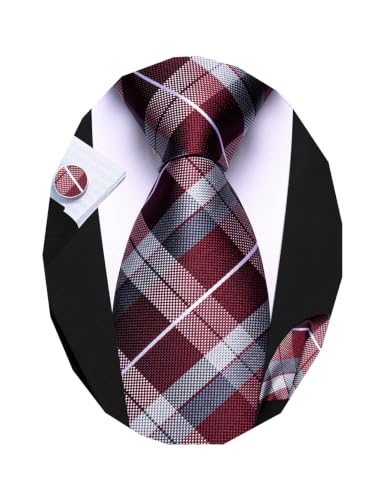 Image of Barry.Wang Plaid Ties Check Mens Necktie Set with Handkerchief Cufflinks Classic Stripe