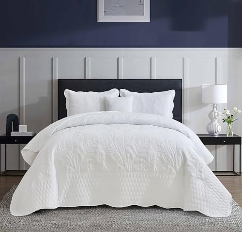 Image of Bedspread oversized Queen 102x118,Beautiful Leaf Stitching,5 PC, White