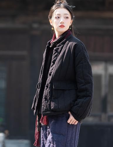 Ystylee Women's Linen Quilted Jackets Long Sleeve Warm Winter Handmade Knot Button Up Coat with Pockets3