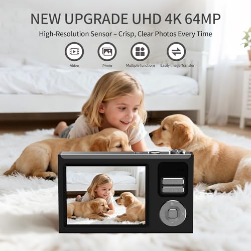 Image of Digital Camera for Kids & Beginners, 4K Digital Camera with 64GB SD Card 16X Zoom Anti-Shake, Compact Point and Shoot Camera with 2.8 inch Screen, Portable Small Camera for Students, Travel & Gifts Black