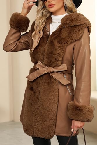 Bellivera Women Faux Leather Winter Trendy Puffer Jacket Water-resistant Thicken Bubble Coat with Fur Collar and Belt2