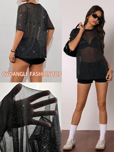 OYOANGLE Women's Sparkle Glitter Sheer See Through Top Short Sleeve Loose Casual Shiny Tshirt Mesh Shirt Blouse2