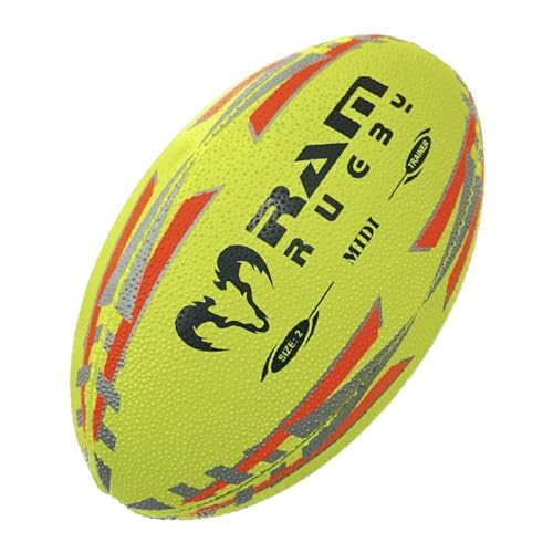 Ram Rugby Midi Rugby Ball - Neon Yellow - Size 2 (22cm) Air filled - Fun for Kids & Adults Perfect for Skills Practice Mini Games Garden Play & Gifts Durable Vibrant and Great for All Ages