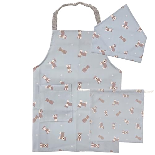【ストリームマーケット】 エプロン 子供 キッズ 3点 三角巾 巾着 セット かぶるだけ 110 cm 男の子 女の子 シワになりにくい ノーアイロン 巾着袋 シュナウザー 幼稚園 保育園 小学生 クッキング ブルー EP066-GE0941-S-10A