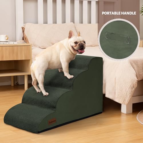 Image of Aodisman Dog Steps for Bed or Couch,4-Step Pet Stairs Ramp for Small Dogs | 17.4 inch H Indoor Non-Slip Dog Stairs Help Senior Dogs,Short-Legged Breeds,Puppies and Cats to Reach Beds and Chairs,Grey,Green