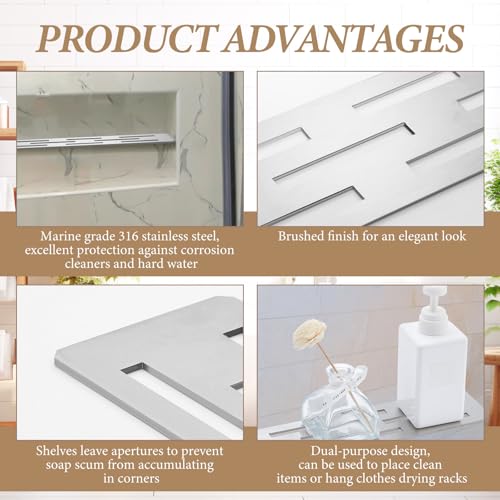 2 Pack Shower Niche Rectangular Shelf for 12 Inch Prefabricated Board Niches, 4mm Thick, Marine Grade Brushed 304 Stainless Steel Finish Fits 1/8 Grout Line, for Bathroom Remodel - Image 5