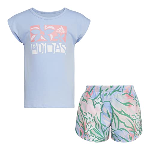 adidas Girls' 2-Piece Tee & All Over Print Woven Short Set, Blue Dawn, 3T
