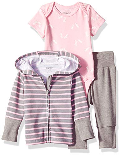 Hanes unisex baby Ultimate Flexy Knit Jogger With Bodysuit and Zippin Knit Hoodie Layette Set, Grey/Pink Stripe, 0-6 Months US