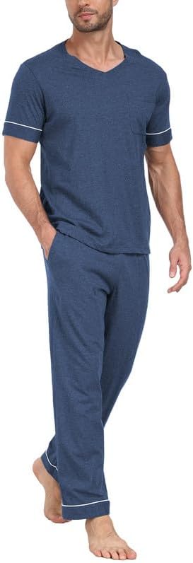 CF Mens Pajamas Set Cotton Sleepwear Soft Short Sleeve Pjs Comfy 2 Piece Nightwear V-Neck Long Pants Loungewear with Pockets