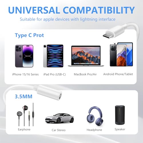 Seulliya USB C to 3.5mm Headphone Jack Adapter for iPhone 15/16 Pro/Max, Hi-Res Audio DAC Dongle, 3.5mm Aux Cord Converter for Samsung Galaxy, iPad, Car, USB-C Devices 2Pack