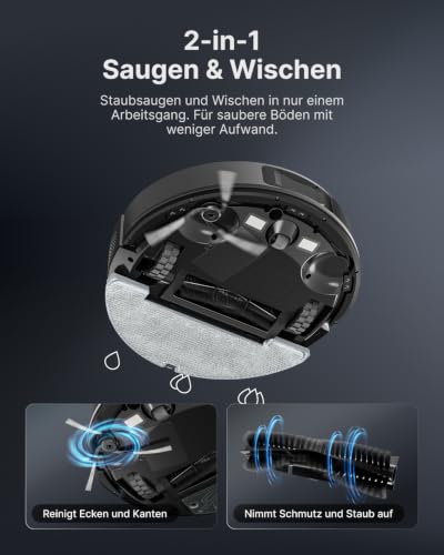 VONKO S6 Pro Saugroboter mit Wischfunktion und Absaugstation, 8000Pa Saugkraft,LiDAR 2.0 Laser Navigation,180 Min.Laufzeit,Teppicherkennung,App/Alexa,Ideal für Tierhaare, Hartböden,Schwarz – Ansicht 3
