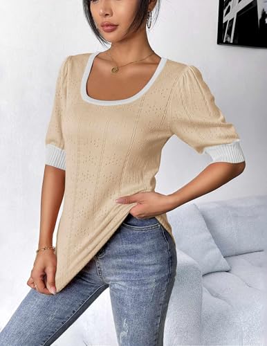 Image of HOTOUCH Sweater for Women 2026 Fall Trendy Puff Tops Casual Eyelet Knit Square Neck Tunic Shirt Blouses Beige White Colorblock L