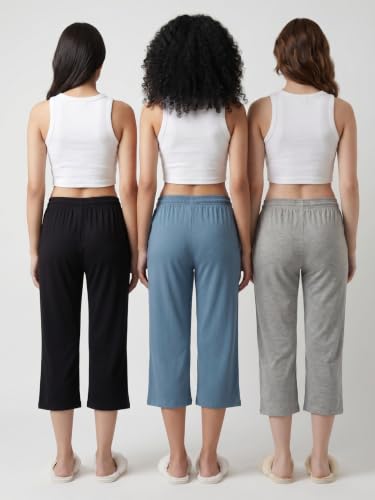 Image of Fflirtygo Women's Cotton Plain Calf Length Capri | Nightwear Pajama | 3 /4th Solid Pyjama Pant | Black Navy and Lavender Lounge Pants | Casual wear & Lounge Wear Capri Combo (Pack of 3)
