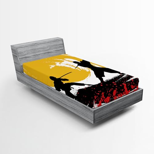 Ambesonne Japanese 2 Pack Fitted Sheet, Watercolor Style Ninja, Bed Cover All-Round Elastic Deep Pockets 2 Pieces, Package Contains 2 Twin Size Fitted Sheets, Vermilion Mustard