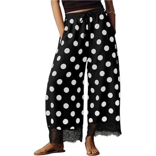 Pantalon large à pois imprimé en polyester léger pour femme