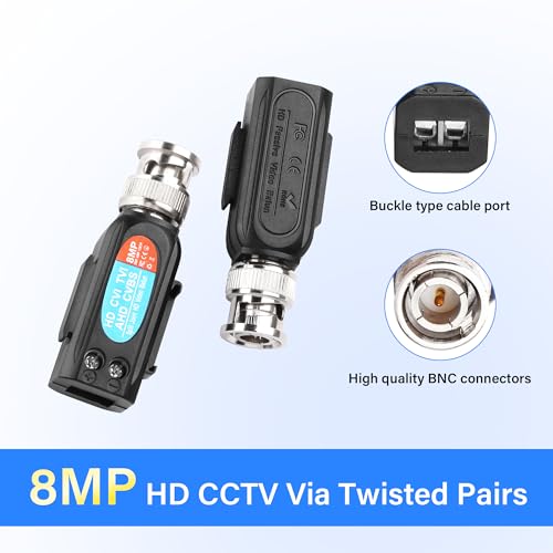 SinLoon 8MP BNC Passiver Video-Balun-Transceiver, AHD/TVI/CVI/CVBS Passiver HD-BNC-Video-Balun-Transceiver-Sender, HD-Koaxial-Twisted-Pair-Sender – 2 Paare