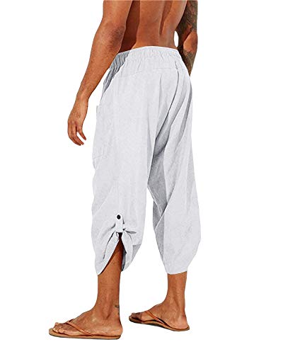 Gafeng Mens Yoga Capri Pants Casual Elastic Waist Drawstring Sports Cotton Linen Boho Harem 3/4 Pants With Pockets #TOP1