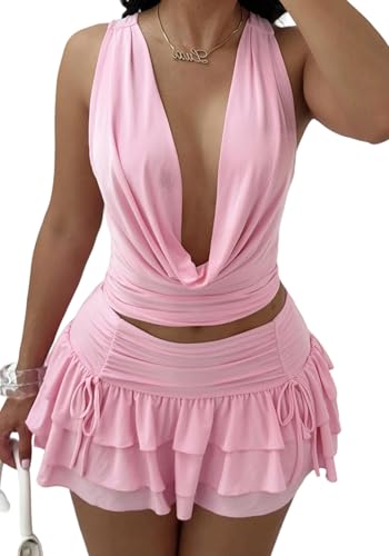 Womens Summer 2 Piece Skirt Sets Sexy Backless Halter Crop Tank Top High Waist Ruffle Pleated Mini Skirt Sets