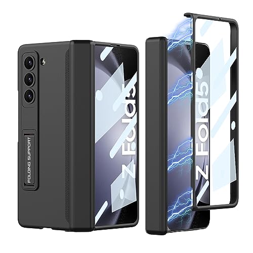 Galaxy Z Fold5 ケース ガラスフィルム付き Samsung SC-55D / SCG22 用 カバー Uovon スマホケース 薄型 ヒンジ保護 軽量 スタンド付き 全面保護 カメラレンズ保護 おしゃれ 人気 ストラップ穴付き ・ ブラック