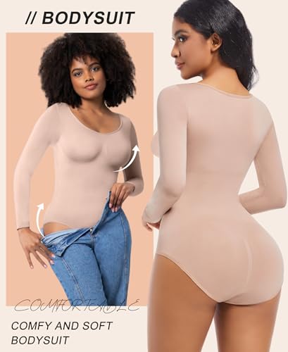 ONEW Damen Body Bauchweg Shapewear Bodysuit U-Ausschnitt Langarmbody Rundhals Unterhemd Butt Lifting Miederbody Body Shaper Beige S