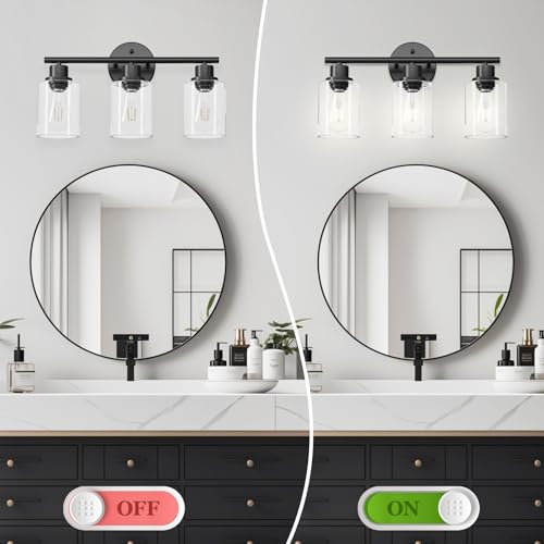 Image of 3-Light Black Vanity Lights, E26 Modern Bathroom Light Fixtures with Clear Glass Shade, Wall Lamps for Mirror Kitchen Hallway Cabinet Living Room Sconces Lights
