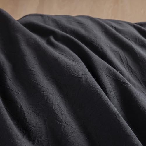 Image of BESTOUCH Cotton Solid Duvet Cover Set Linen Feel Deep Black Oversized Full | 100% Washed Cotton, Soft Wrinkle Texture, Hidden Zipper, 8 Ties, Breathable Lightweight Durable Comfy, 3 Pcs No Insert