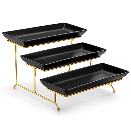 Image of MALACASA 3 Tier Serving Trays for Party, 14 Inch Porcelain Black Trays for Serving Food, Dessert Stand with Collapsible Gold Metal Rack