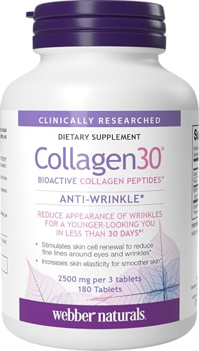 Webber Naturals Collagen30 Anti-Wrinkle, 2,500mg of Bioactive Collagen Peptides Per Serving (3 Tablets), 180 Tablets, Helps Reduce Deep Wrinkles, Fine Lines, Non GMO, Dairy, Gluten Free