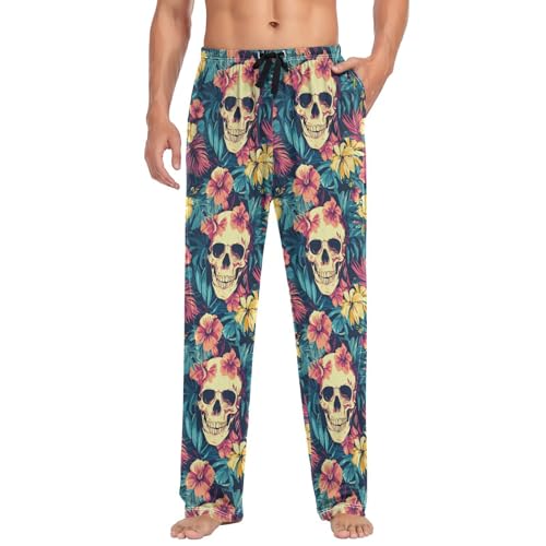 ALAZA Tropical Flowers Skull Men’s Pajama Pants Soft Long Sleep Pants Lounge Pajama Bottoms with Pockets3