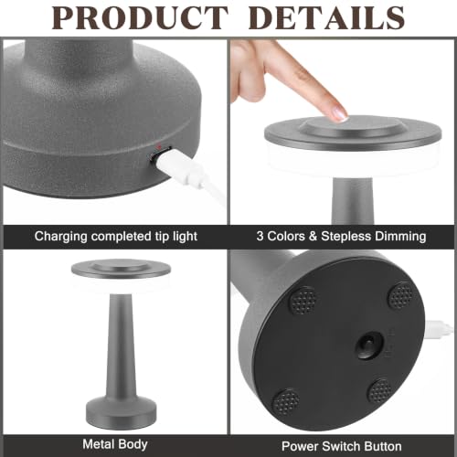 Image of Riakrum 2 Pcs LED Cordless Table Lamp Bulk Rechargeable,Gray | Portable Wireless Lamps, 3 Color Stepless Dimming, 15 Hour Battery, Touch Control, Wedding Home Restaurant Decor
