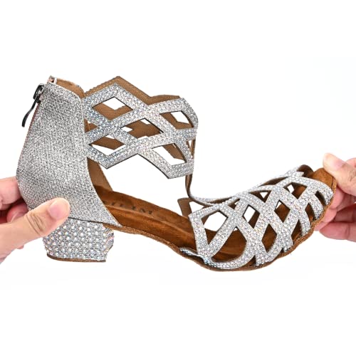 Wuailim Women's Ballroom Rhinestone Dance Shoes, Latin Salsa Bachata Practice Performance Dancer Shoes (Glitter Silver,1.5 Inches Heel,Size 7) #TOP1