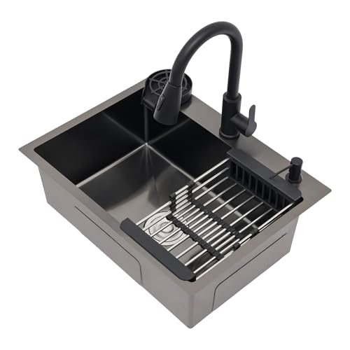 Fregadero de cocina negro de acero inoxidable 60x45 cm, fregadero empotrado de 1 seno con grifo extraíble, cesta de escurrido, dispensador de jabón y dispensador de detergente, resistente a los