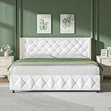 King Upholstered Bed Frame with Headboard, Faux Leather Platform Bed with Wingback Design, Modern Diamond Bed Frame with Tufted Deep Button, No Box Spring Needed, Easy Assembly, White