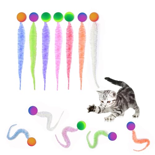 Tutuone Bouncy Ball with Tail for Cats 7 Pack,Cat Fuzzy Worm Toys,Magic Worm Bouncy Ball Toy for Indoor Cat (7pcs)