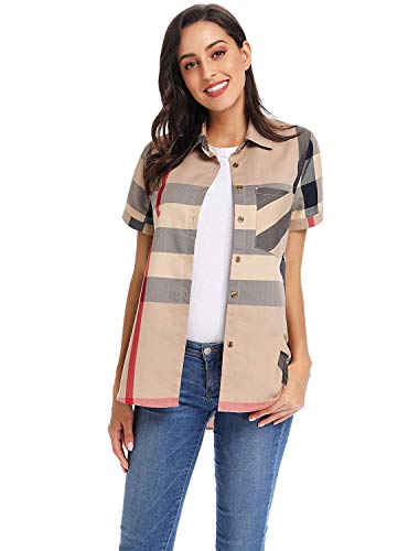 Acloth Women's Plaid Button Down Shirts Roll-up Sleeve Blouses Loose Fit Tops with Pocket (Large, Beige Navy)