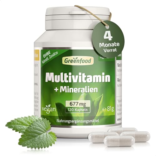 Greenfood Multivitamin, hochdosiert, 677mg - 120 Kapseln, vegan. Hochwertige Vitamine, Mineralien, Spurenelemente - A bis Z Komplettversorgung. OHNE künstliche Zusätze - laborgeprüft.