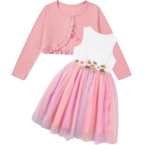Little Girls Dress and Cardigan Set 2 Piece Floral Print Tulle Sleeveless Princess Dress and Long Sleeve Ruffle Shrug