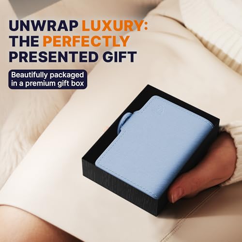 Image of Conceal Plus Small RFID Pop Up Wallet for Women | Slim Minimalist Metal Card Holder 4-6 Card Capacity | Compact Travel Wallet with RFID Blocking Security | Saffiano Sky Blue