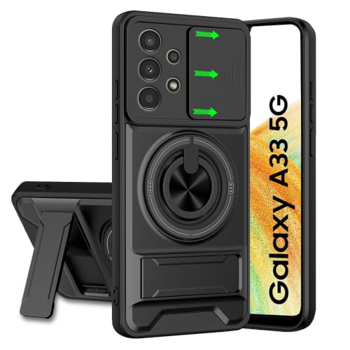 Image of Samsung A33 5G Back Cover | Armor Camera Slider 360 Degree Rotating Finger Ring Holder Case with Bracket Stand Back Case Cover (Compatible with MagSafe Accessories) (Black)