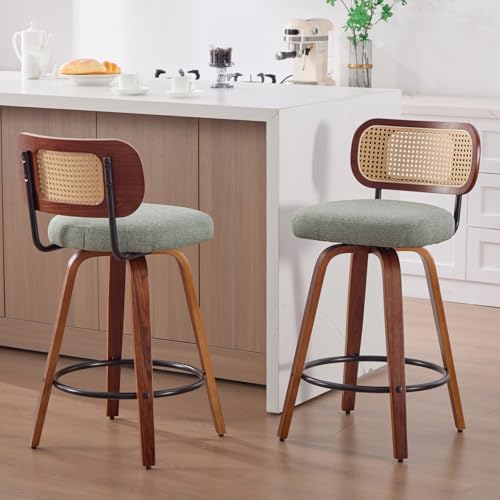 Image of Swivel Counter Height Bar Stools Set of 2, 26 inch Bar Chairs with Curved Rattan Back, Linen Upholstered Seat, Walnut Craftsmanship, Mid Century Modern Counter Stools for Kitchen Counter, Light Green