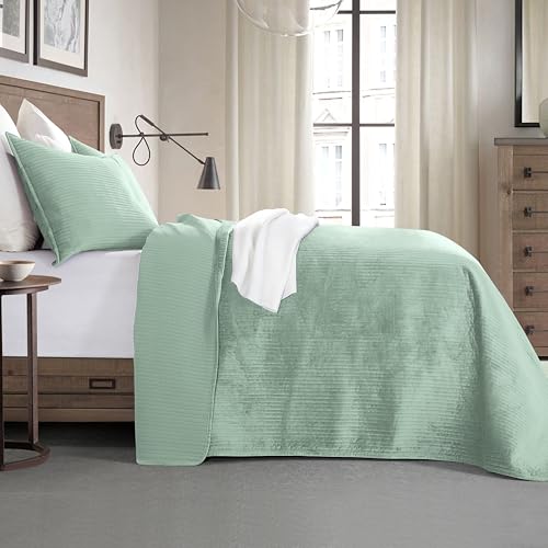 Elegant Comfort Luxury 3-Piece Velvet Corduroy Stripe Quilt Set, Ultra Soft Bedspread - Cozy Velvet Coverlet Set - 3PC Medium Weight Quilted Set with Matching Pillow Shams, King, Smoke Green
