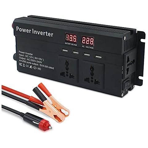 LVYUAN Power Inverter 850W / 2000W DC 12V to 240V AC Car Converter with 4 USB 3 AC Sockets Car Adapter Dual LED Display Cooling Fan, Modified Sine Wave Black Cover