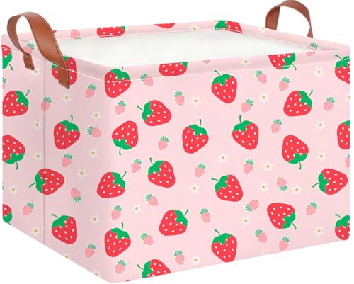 Image of CLOCOR Rectangular Storage Basket,Collapsible Storage Bin,Waterproof Books Box (Strawberry)