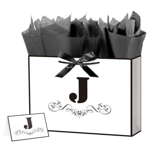 ysmile Letter Gift Bag with Wrapping Tissue for Men Women, 16" Large White Black Paper Bag for Birthday Anniversary Wedding - Single J