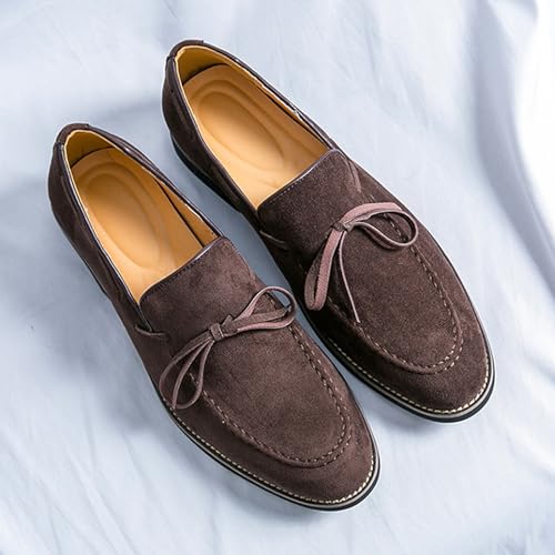 Men's Suede Bow Low Block Heel Business Dress Loafers Classic Comfortable Tassels Slip On Casual Chunky Heel Loafers for Driving Party Work3