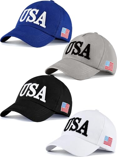 Image of 4Pcs USA Hats for Men Patriotic Hat Embroidered American Flag Baseball Cap | Classic USA Hat & USA Cap Set | 100% Cotton | American Flag Hats for Men Women | Adjustable Baseball Cap for Daily Wear